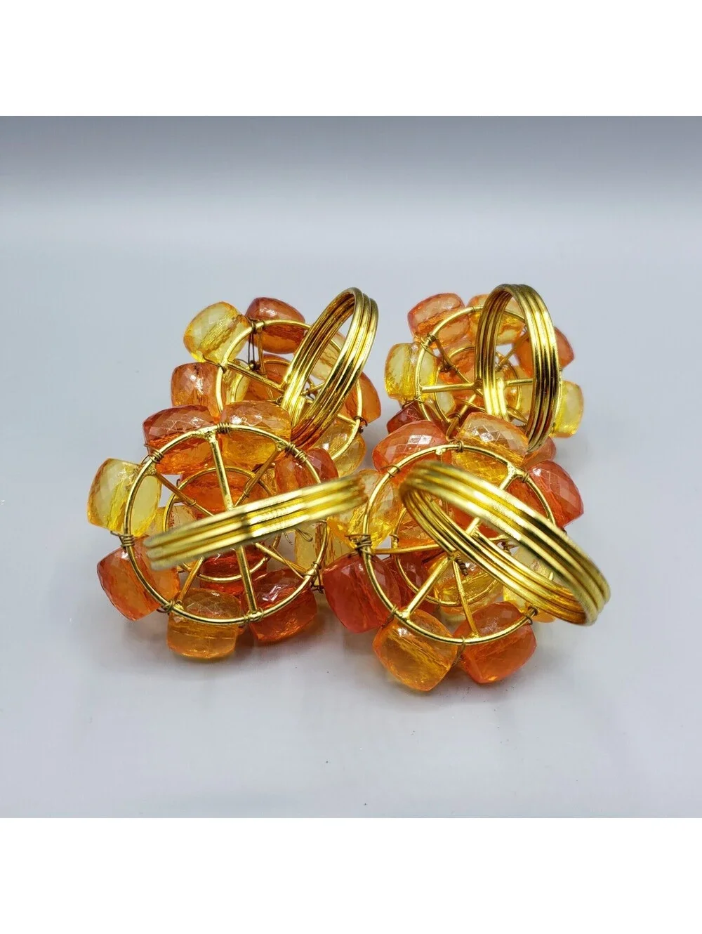 4 Orange Yellow Beaded Napkin Rings Faceted Gold Metal Wire Wrapped Spring